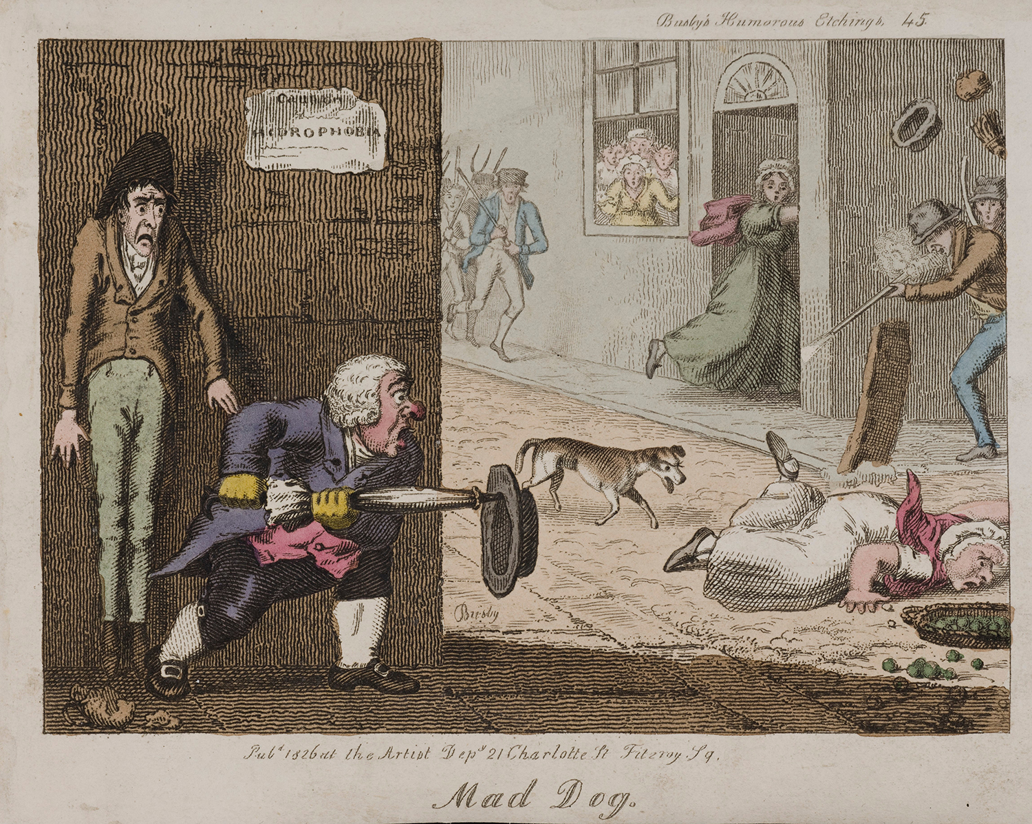 A mad dog on the run in a London street, T.L. Busby, 1826.