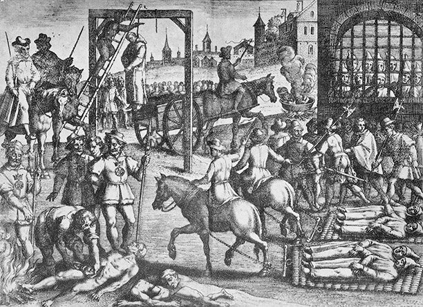 Carthusian monks are hung, drawn and quartered on the orders of Henry VIII. An illustration of c.1535. Bridgeman/Private Collection