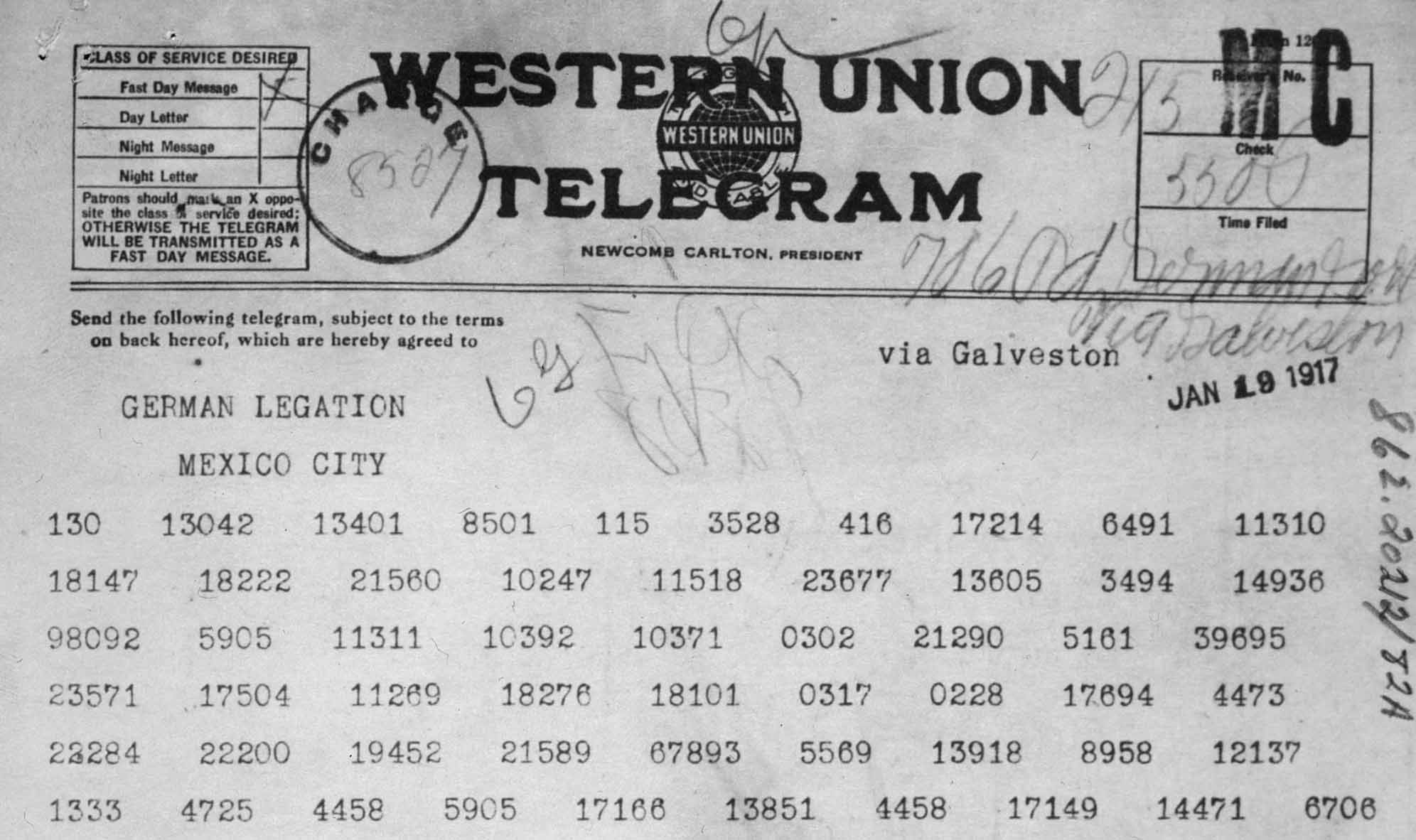 Zimmermann Telegram as Received by the German Ambassador to Mexico (detail)