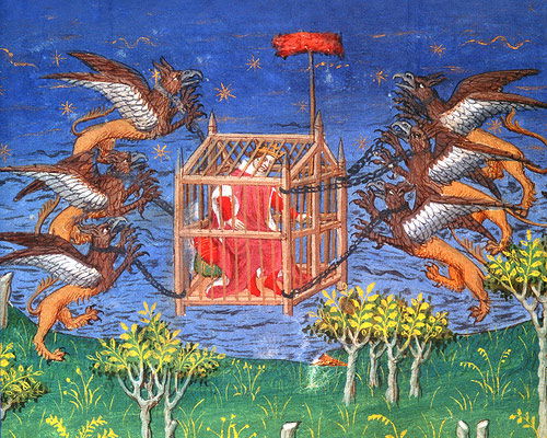 A 15th-century French manuscript illustration showing Alexander in a cage that is lifted into the air by six griffins.