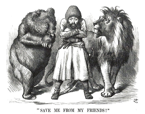 A Punch cartoon of 1878 shows Afghanistan caught between the Russian bear and the British lion.