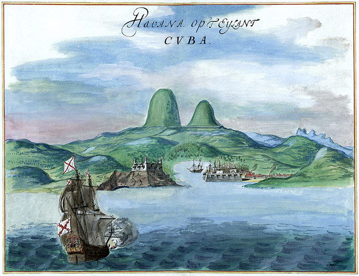 A watercolor painting of Havana Bay, c. 1639. By Johannes Vingboons.