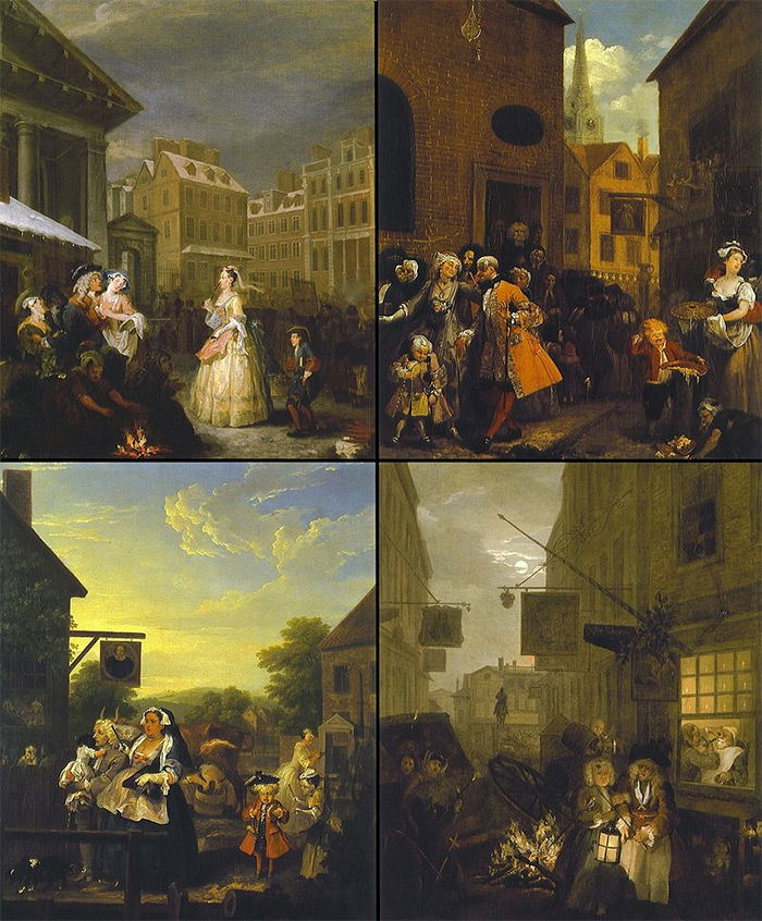 The paintings of Four Times of the Day (clockwise from top left: Morning, Noon, Night, and Evening)