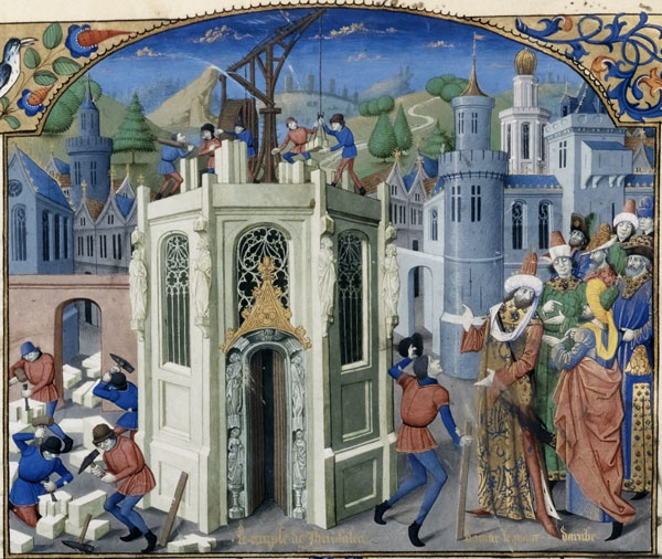 Caliph Omar initiates the reconstruction of the Temple of Jerusalem in a French manuscript, c. 15th century. Bibliothèque nationale de France. Public Domain.