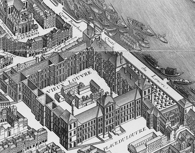 Detail from the Turgot map of Paris (published 1739) showing the Louvre.