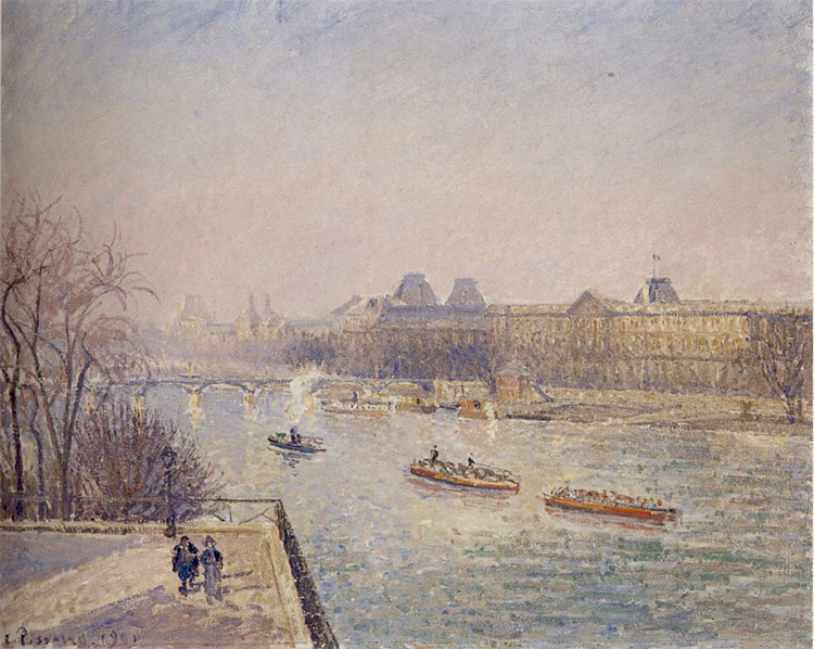 Morning, Winter Sunshine, Frost, the Pont-Neuf, the Seine, the Louvre, Soleil D'hiver, by Camille Pissarro, 1901.