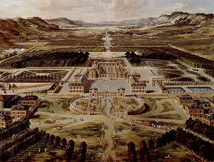 View of Versailles from the Avenue de Paris, ca. 1662 by Pierre Patel. This was how Versailles looked before Louis XIV began enlarging the château.