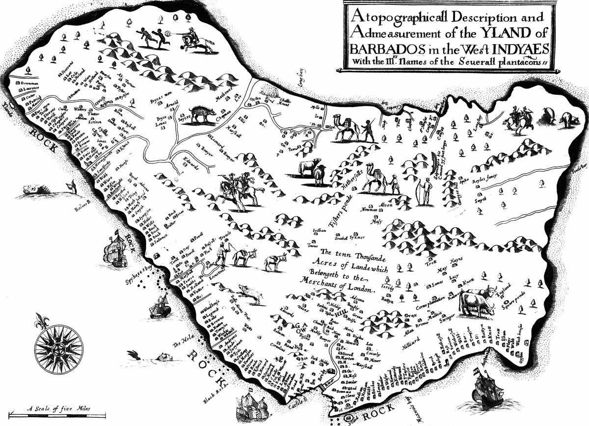 A map of Barbados from Richard Ligon's 'A True and Exact History of the Island of Barbados' (1657). Bridgetown abutts Carlisle Bay at the bottom of the map.