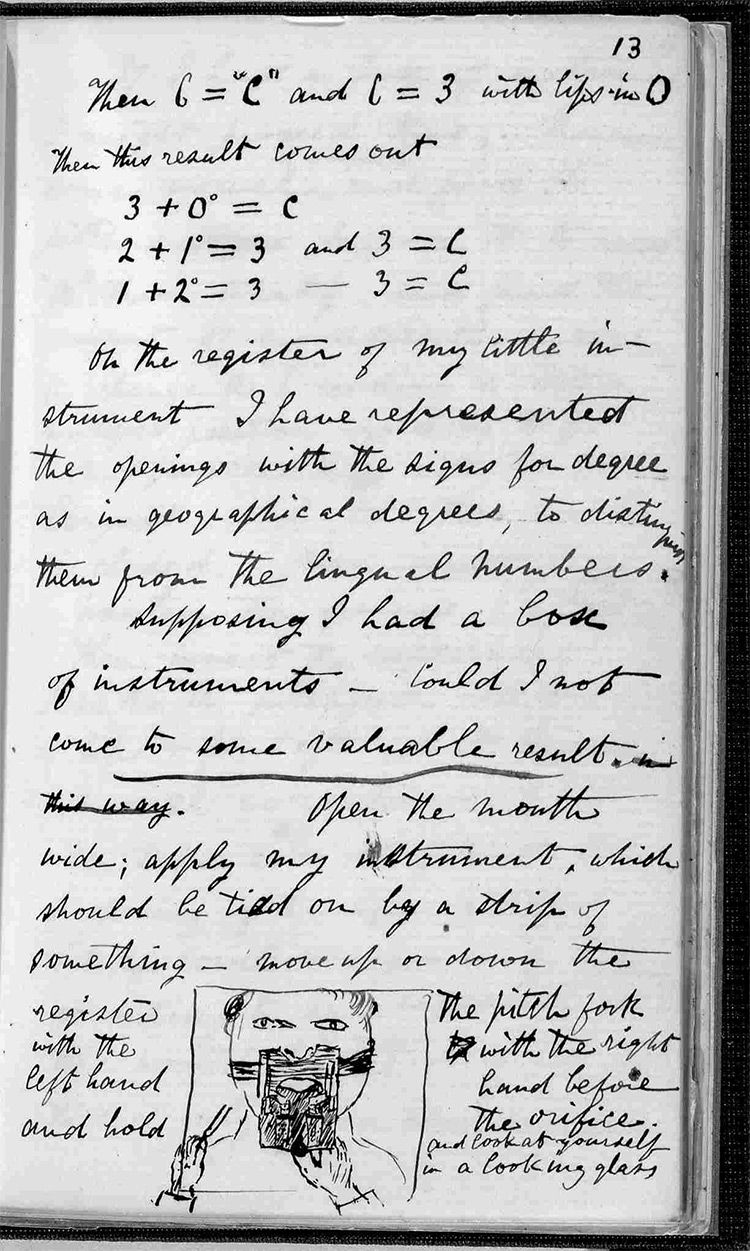 The development of the pitchfork in a letter to his father, Alexander Melville Bell. ‘Move up or down the register with the left hand and hold the pitchfork with the right hand before the orifice and look at yourself in a looking glass’