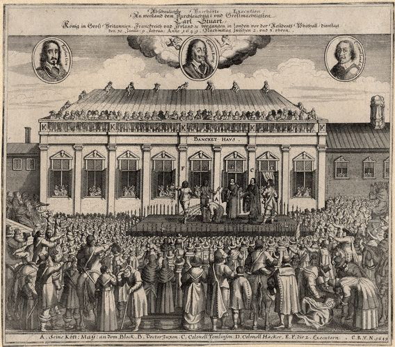 A contemporaneous print showing the 1649 execution of Charles I outside the Banqueting House, Whitehall, London