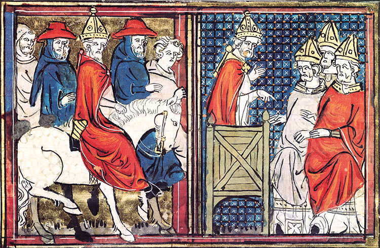 The Council of Clermont and the arrival of Pope Urban II. Bibliothèque Nationale / Bridgeman Images