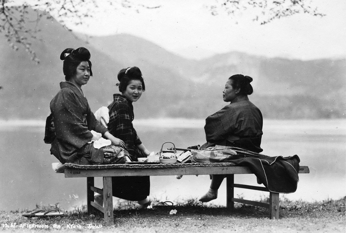 Japanese women picnic by a lake, 1930s