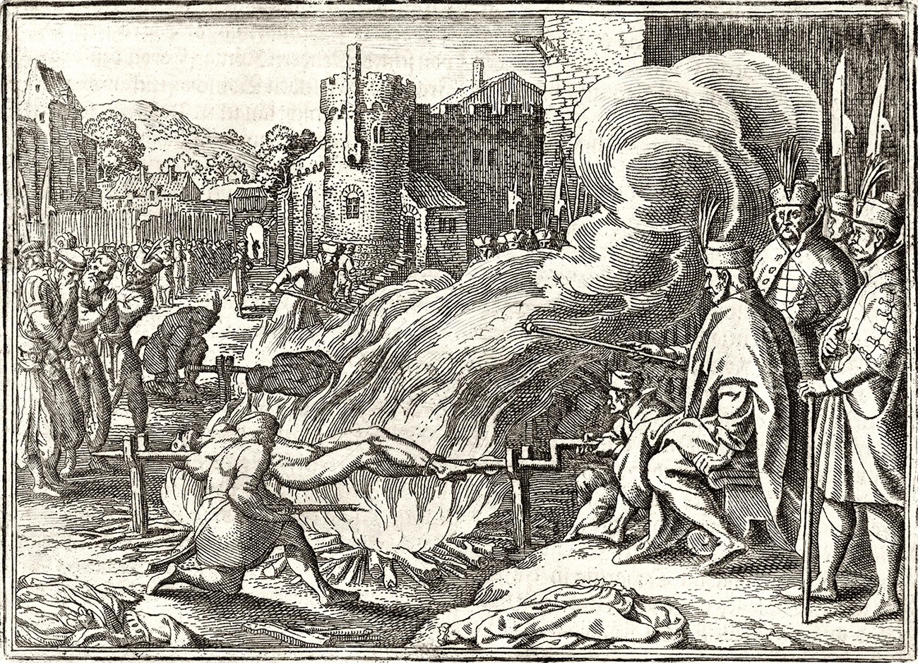 Ivan the Terrible roasts Johann Boy, governor of Livonia, on a spit, 1573. Engraving, c. 1630. AKG Images