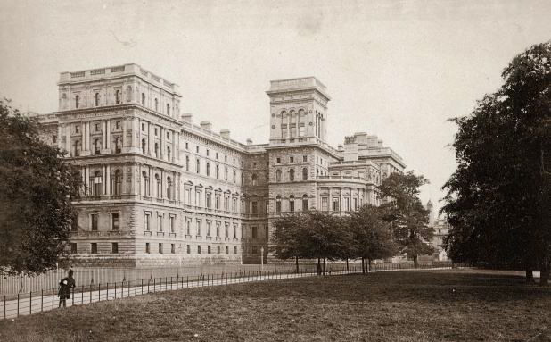 The Foreign Office, designed by George Gilbert Scott and built between 1861 and 1868, photographed from St James's Park, c.1880. (Getty Images/Hulton Archive)