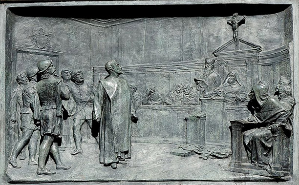 The trial of Giordano Bruno by the Roman Inquisition. Bronze relief by Ettore Ferrari, Campo de' Fiori, Rome.