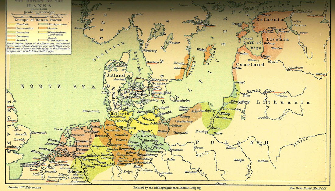 The Extent of the Hansa about 1400.