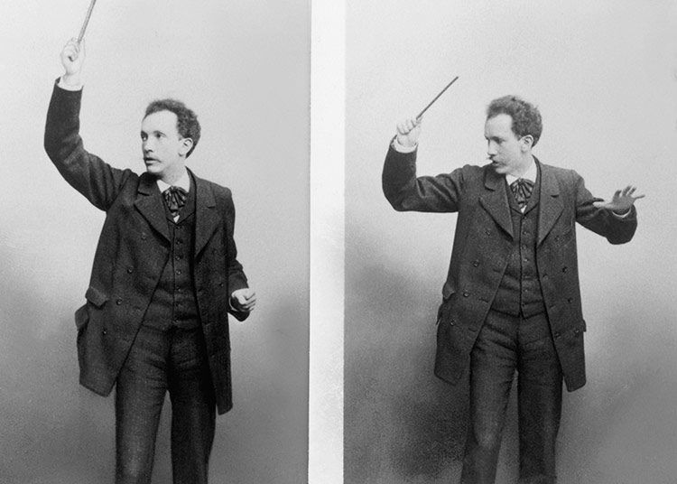 'Arch-fiend of Modernism': Richard Strauss rehearsing in Weimar, Germany, 1890s.