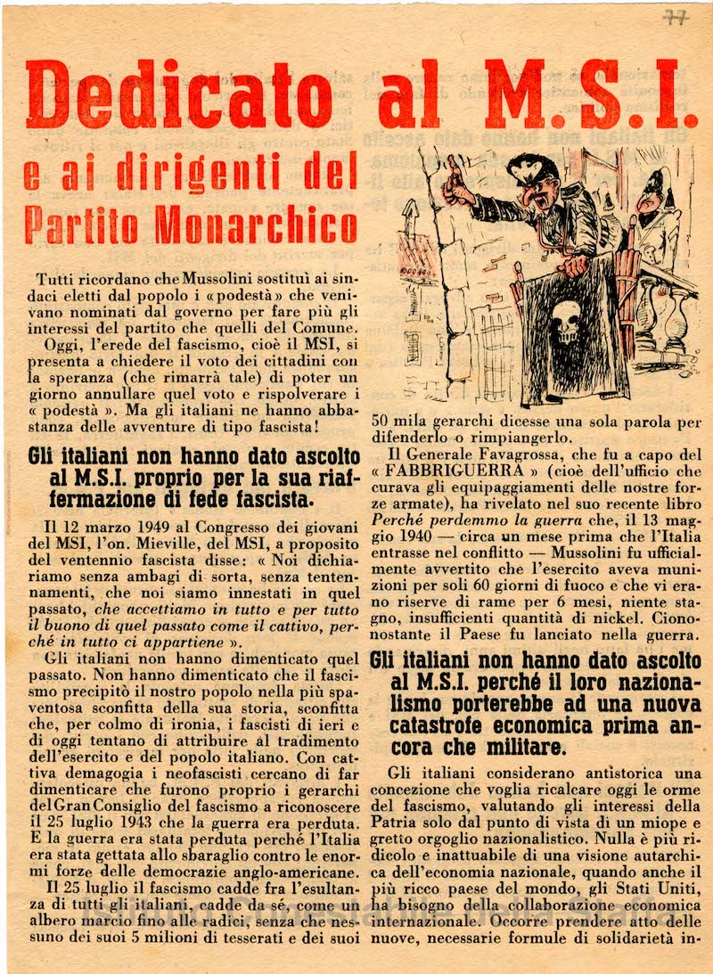 ‘Dedicated to the M.S.I. and to the leaders of the Monarchist Party’, an antifascist election leaflet by the Christian Democrats, c. 1952. Conestabile Piastrelli Institute. Public Domain.