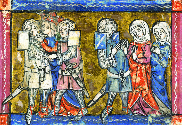 Lancelot and Guinevere kiss in the presence of Galahad and the Lady of Malohaut, Book of Lancelot, 1316.