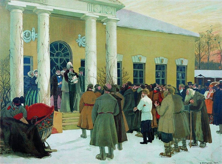 A 1907 painting by Boris Kustodiev depicting the muzhiks listening to the proclamation of the Emancipation Manifesto in 1861