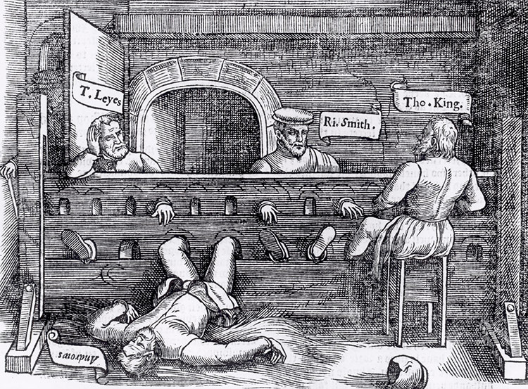 Prisoners in the stocks in Lollards Tower, from Foxe’s Acts and Monuments, 1563.