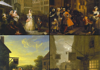 The paintings of Four Times of the Day (clockwise from top left: Morning, Noon, Night, and Evening)