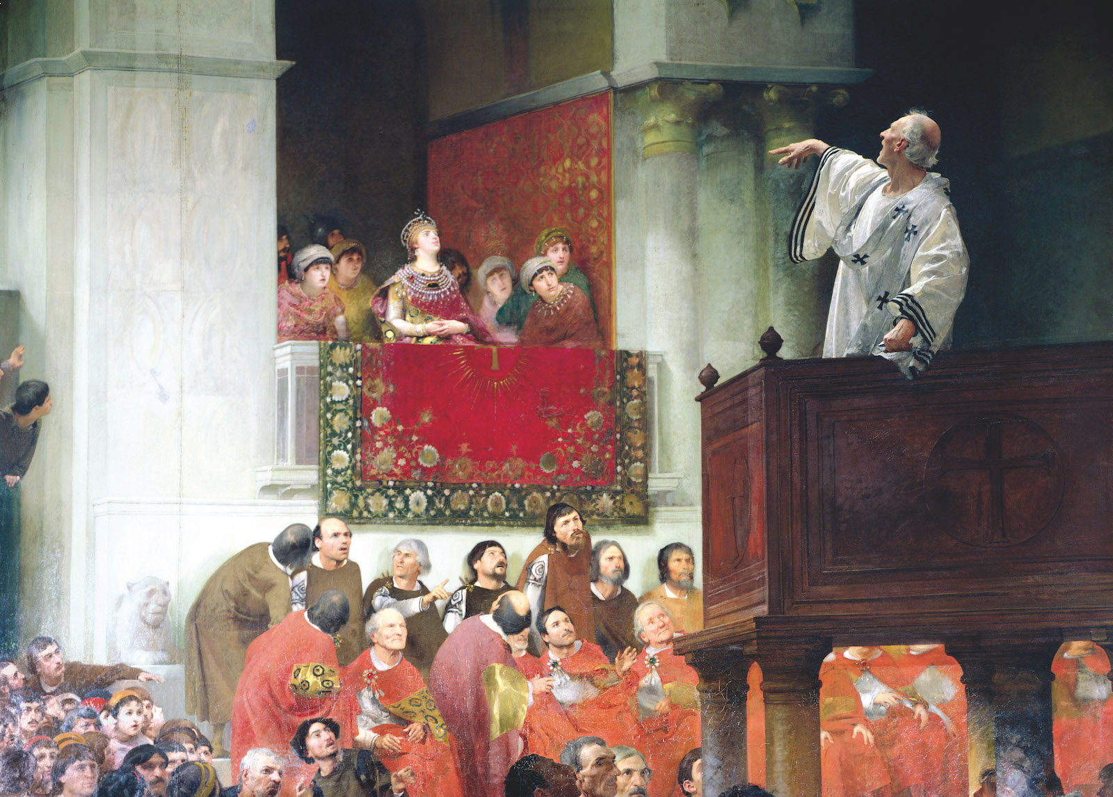 Bishop John Chrysostom preaching before the Roman empress Eudoxia, by Joseph Wencker, c.1880. Bridgeman Images