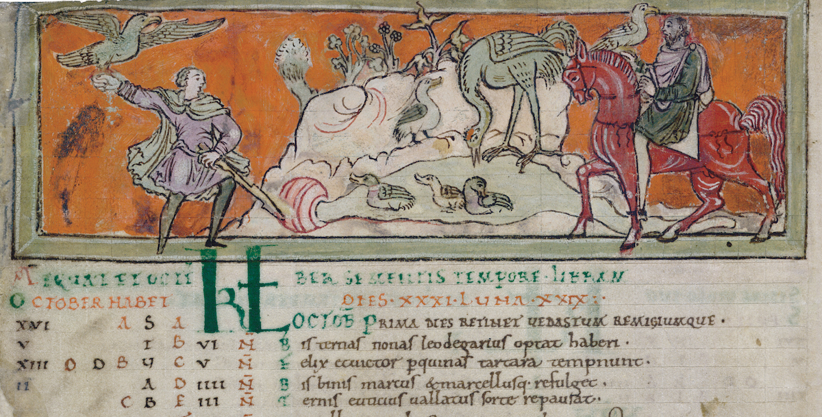 Life on land: hunting with the falcon, from an Anglo-Saxon calendar, 11th century. British Library/Bridgeman Images.