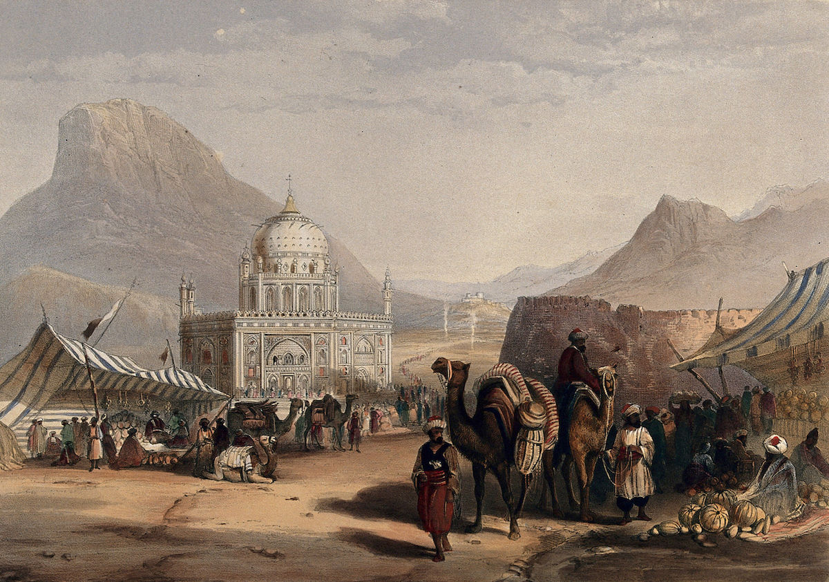 Open-air market outside the temple of Shah Ahmed, Kandahar, by R. Carrick after lieutenant James Rattray, c. 1847. Wellcome Collection. Public Domain.