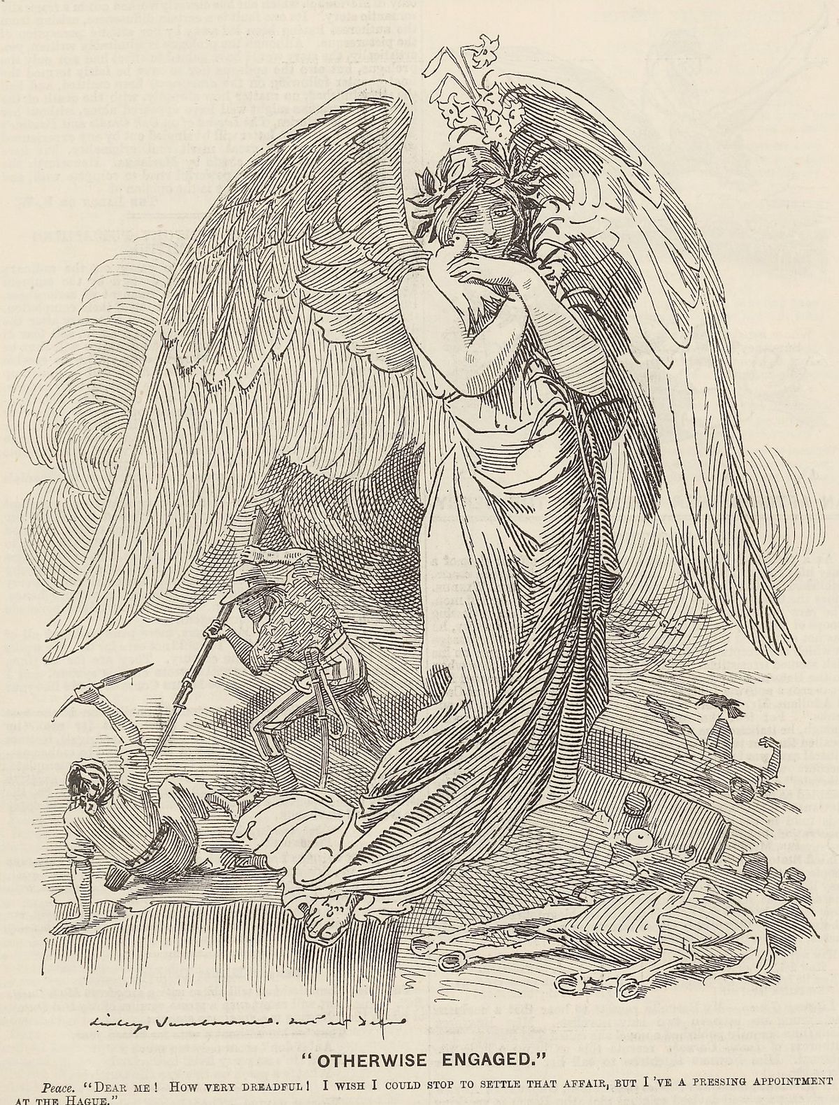 ‘Dear me! How very dreadful! I wish I could stop to settle that affair, but I've a pressing appontment at The Hague.’ from Punch magazine, 31 May 1899. Universitätsbibliothek Heidelberg. Public Domain.