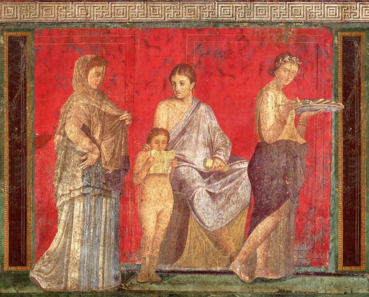 The first fresco from Pompeii’s Villa of Mysteries depicting the reading of the rituals of the bridal mysteries. DIRECTMEDIA Publishing GmbH. Public Domain.