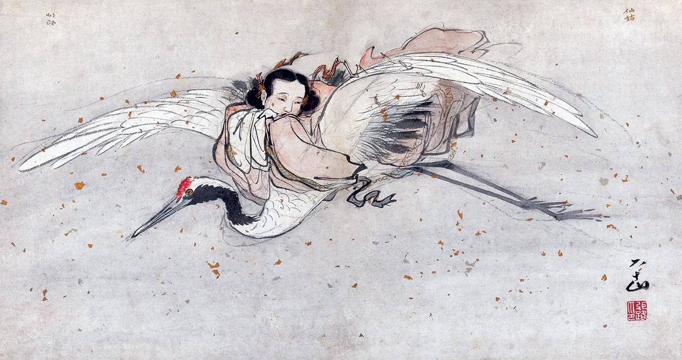 He Xian Gu on a celestial crane, from the album of 18 Taoist paintings by Zhang Lu (1464-1538), displayed in the Shanghai Museum. © akg-images.