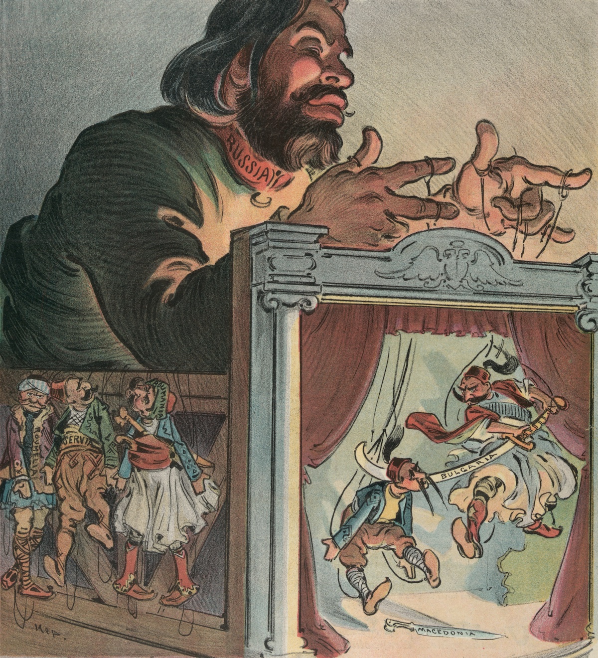 ‘A Continuous Performance Since Peter the Great’: Russia is shown manipulating conflict in the Balkans on the cover of Puck magazine, 7 October 1903. Library of Congress. Public Domain.