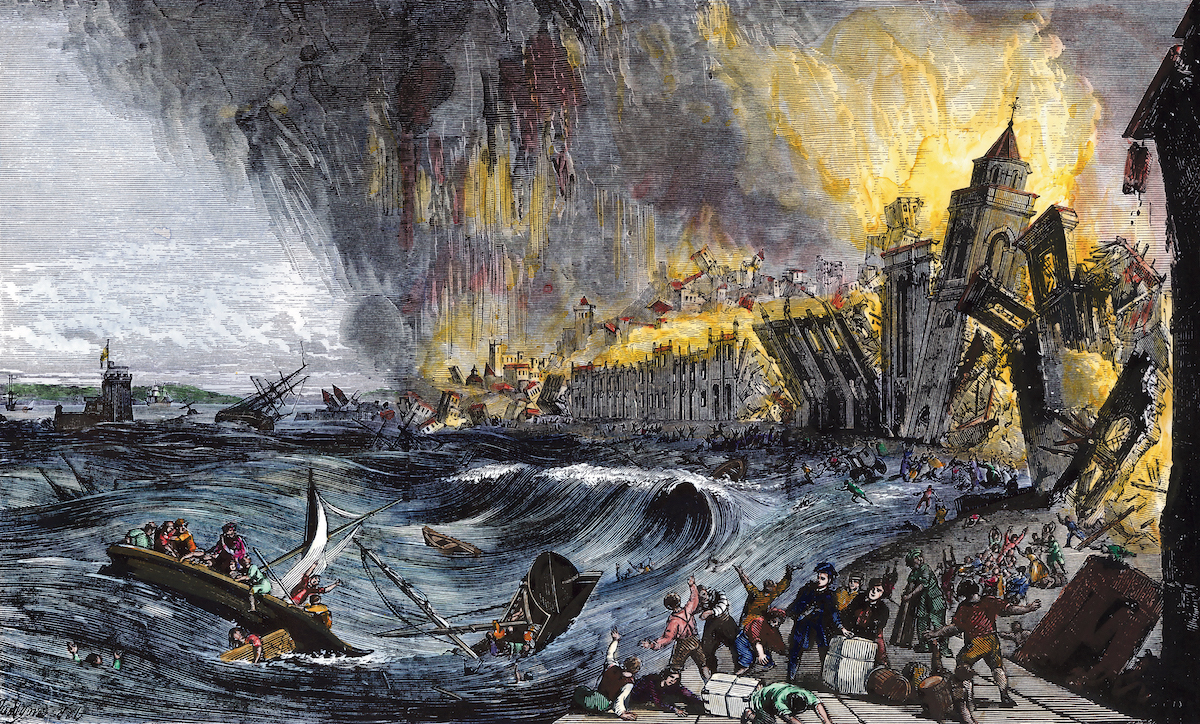 The Lisbon earthquake, colour wood engraving, 19th century. North Wind Pictures/Bridgeman Images.