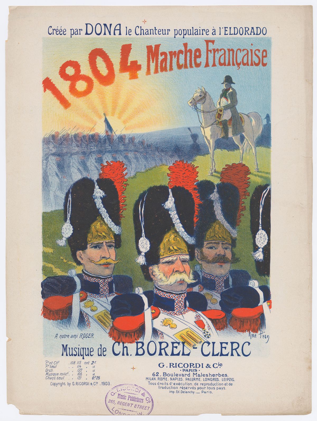 Sheet music for Charles Borel-Clerc’s 1804 – Marche Francise, 1903. Prints, Drawings and Watercolors from the Anne S.K. Brown Military Collection. Brown Digital Repository. Brown University Library. Public Domain.