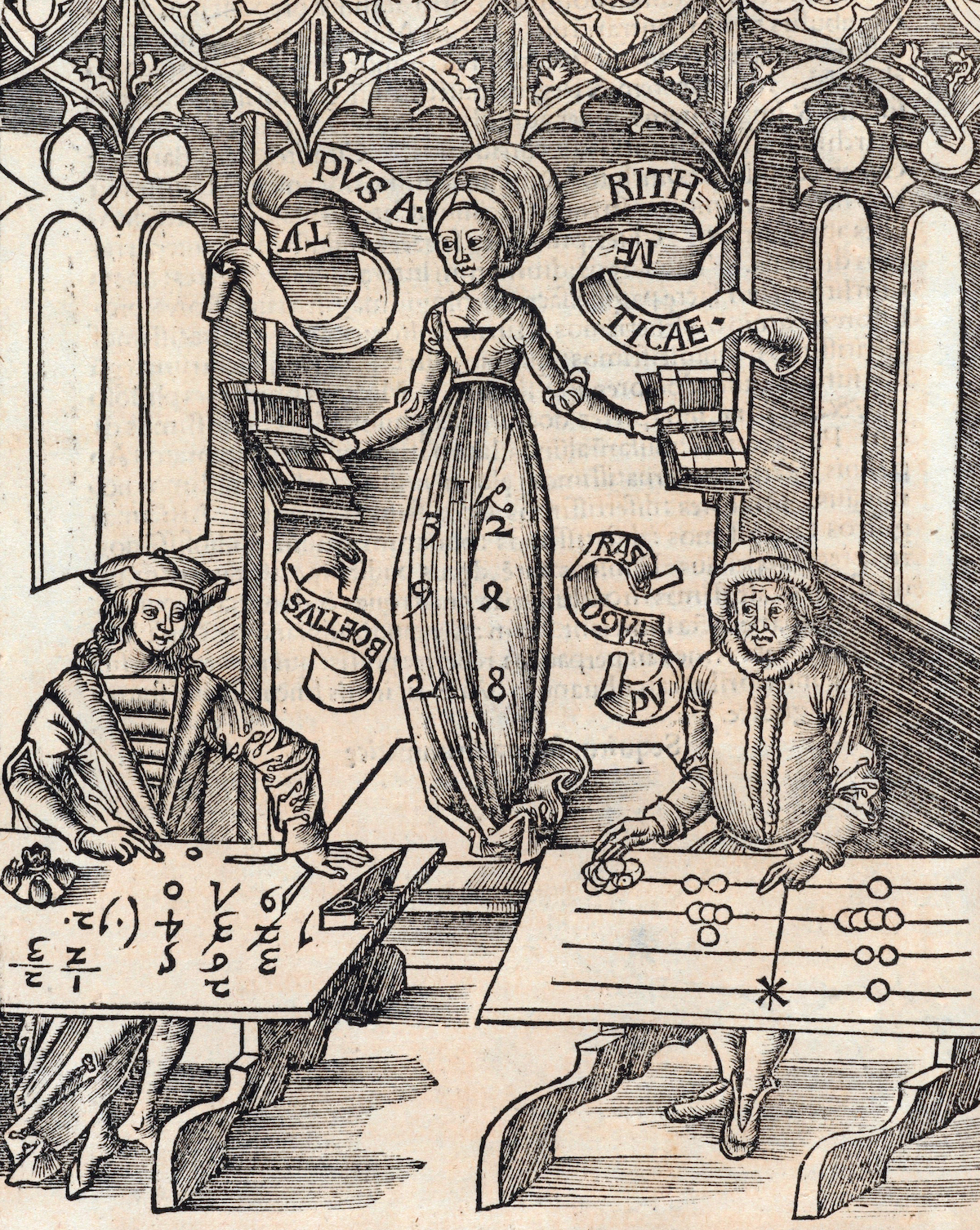 ‘Typus Arithmeticae’, showing Arithmetica, between Boethius writing Arabic numerals and Pythagorus using a counting board, from Margarita philosophica, by Gregor Reisch, 1503. Houghton Library, Harvard University.