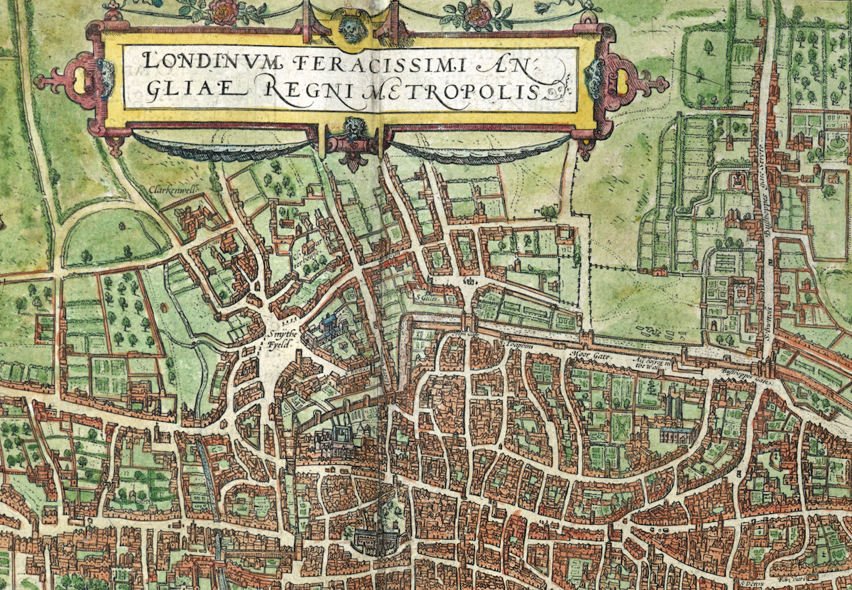 Map of London from Civitates orbis terrarum, by Braun & Hogenberg, 1600-23. British Library/Bridgeman Images.