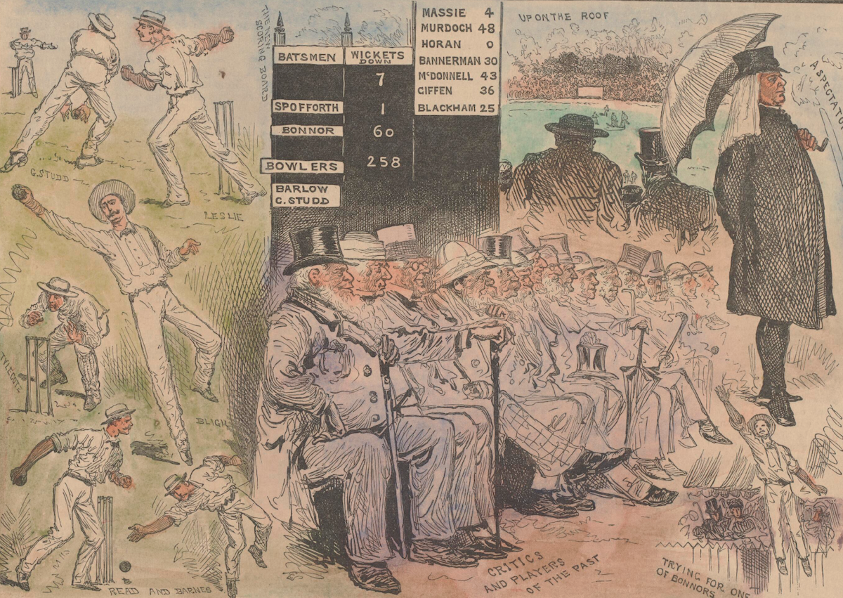 The international match on the Melbourne Cricket Ground, from The Australasian Sketcher of 17 January 1883. National Library of Australia. Public Domain.