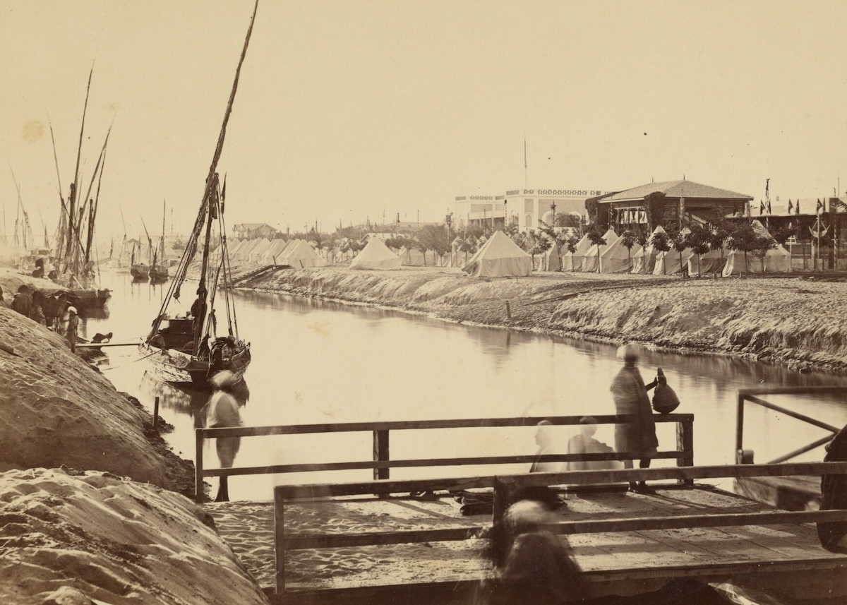 view of the Suez Canal, opposite the governor’s palace, by Justin Kozlowski, c. 1869. J. Paul Getty Museum, Los Angeles. Public Domain.