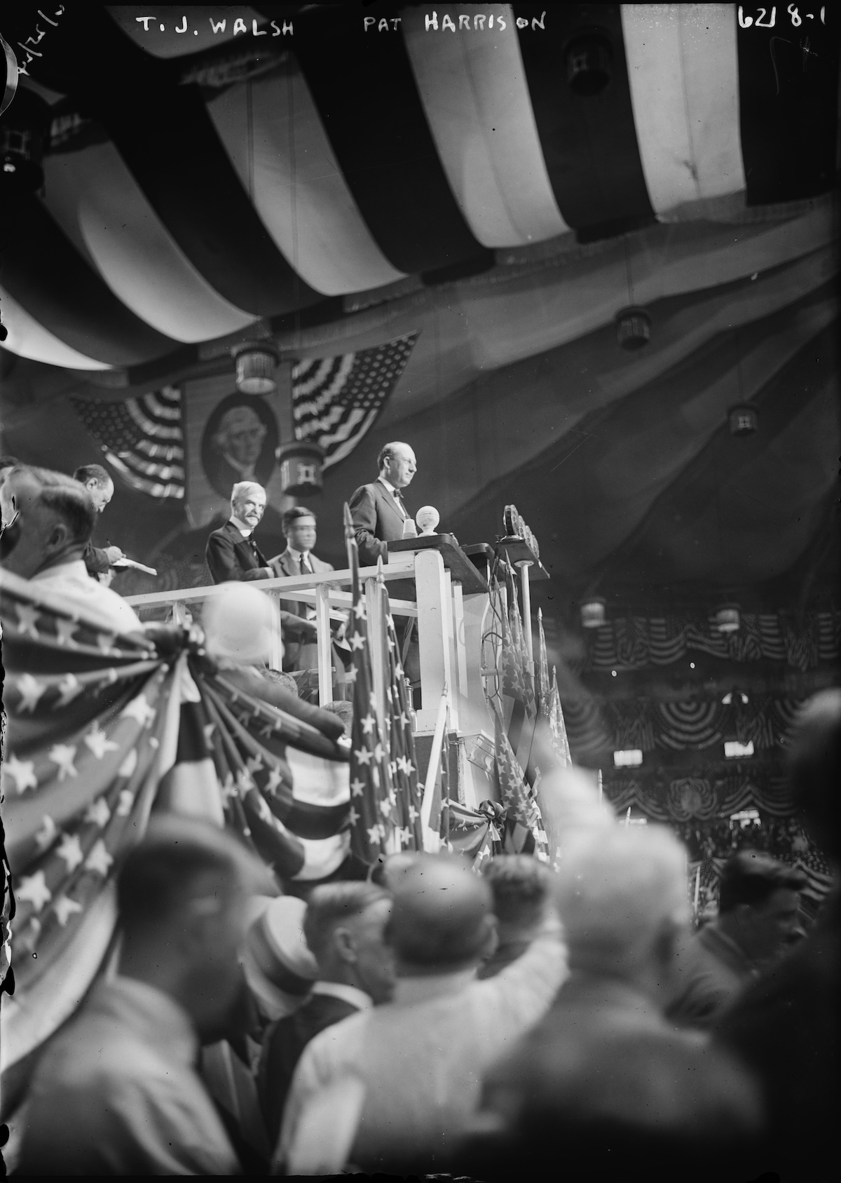 Senators Thomas J. Walsh (Montana) and Pat Harrison (Mississippi) on the podium at the Democratic National Convention, New York, 25 June 1924. Library of Congress. Public Domain.