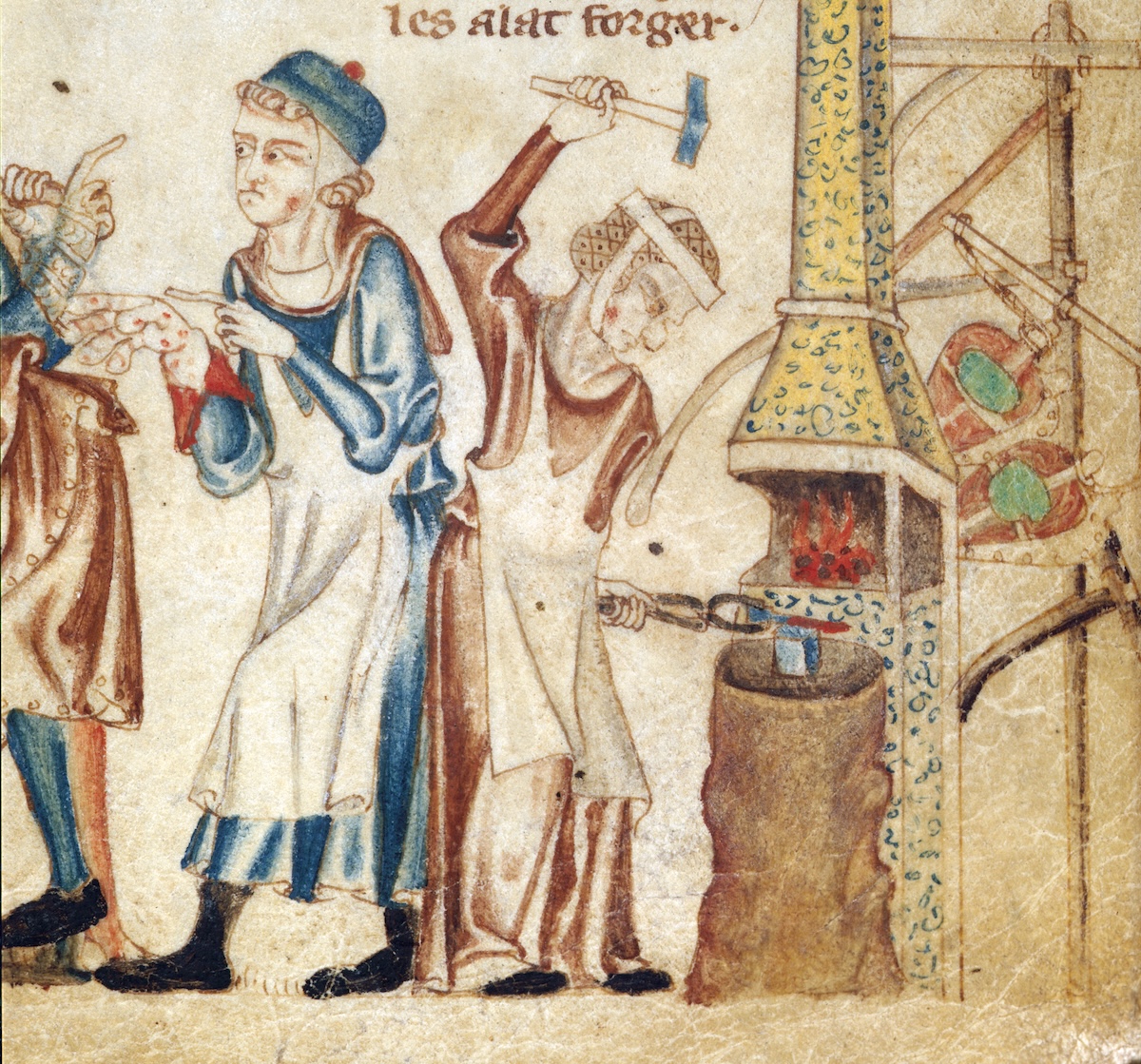 A woman working a nail on the anvil, from the Holkham Bible, England, c.1330. British Museum/Bridgeman Images.