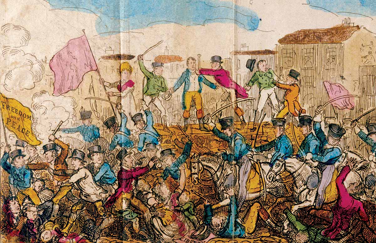 ‘Disturbances at Manchester!’, illustration of Peterloo by Atkins, 1819 © Mary Evans Picture Library