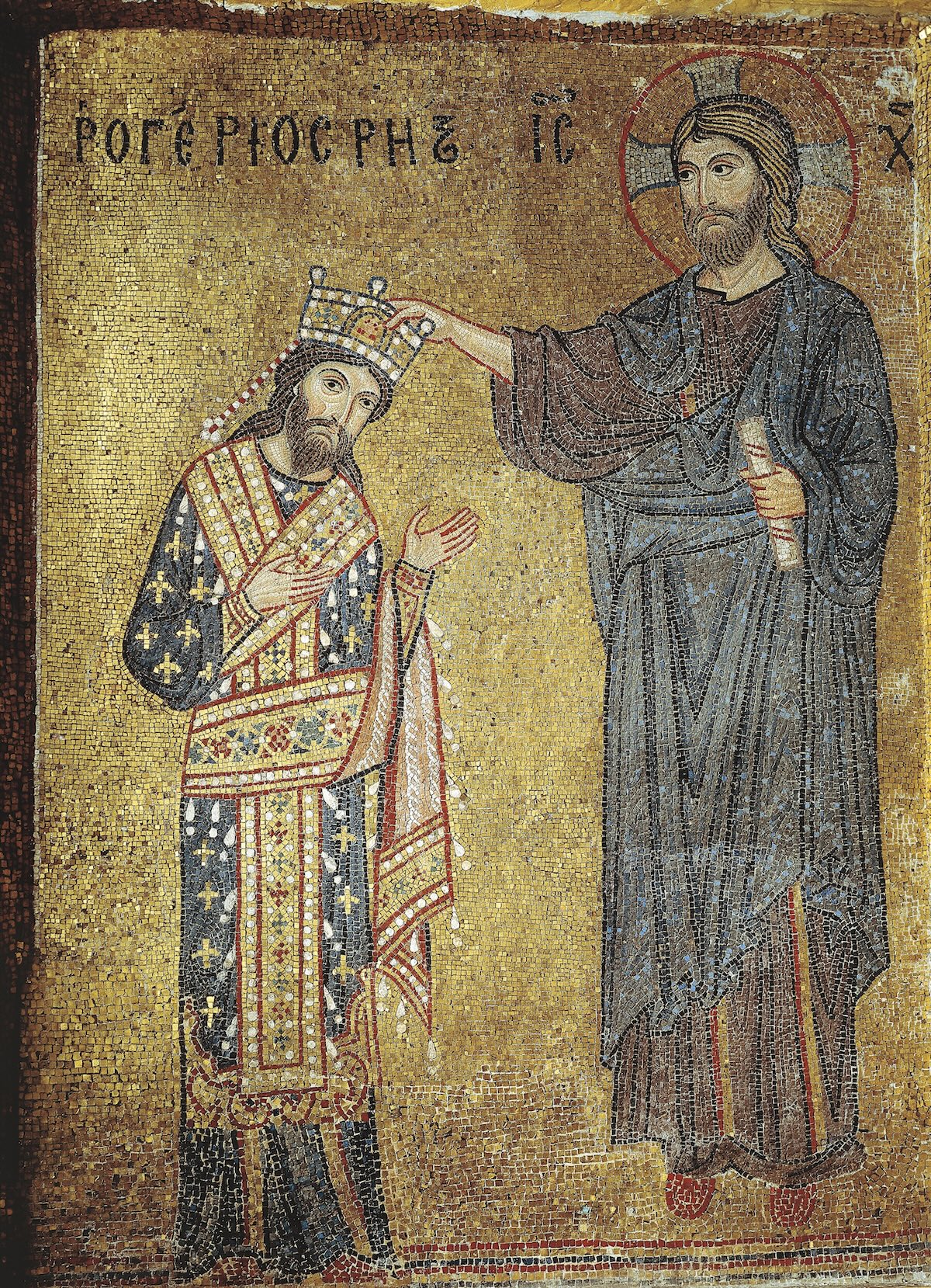 Roger II, crowned King of Siciliy by Christ. La Martorana, Palermo, 12th century. DEA/G. Dagli Orti/Getty Images.