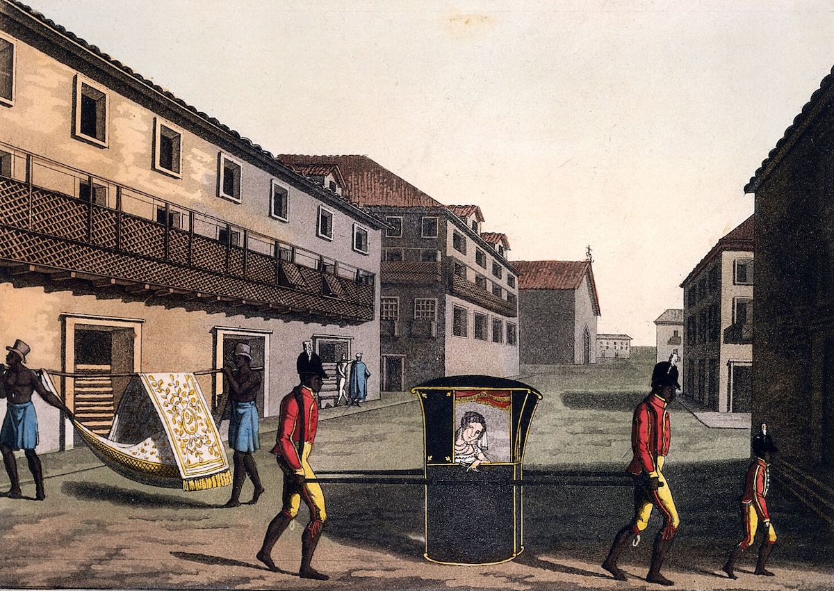 A European woman being carried in a sedan chair through Rio de Janeiro, by Paolo Fumagalli, c. 1821. Wellcome Collection. Public Domain.