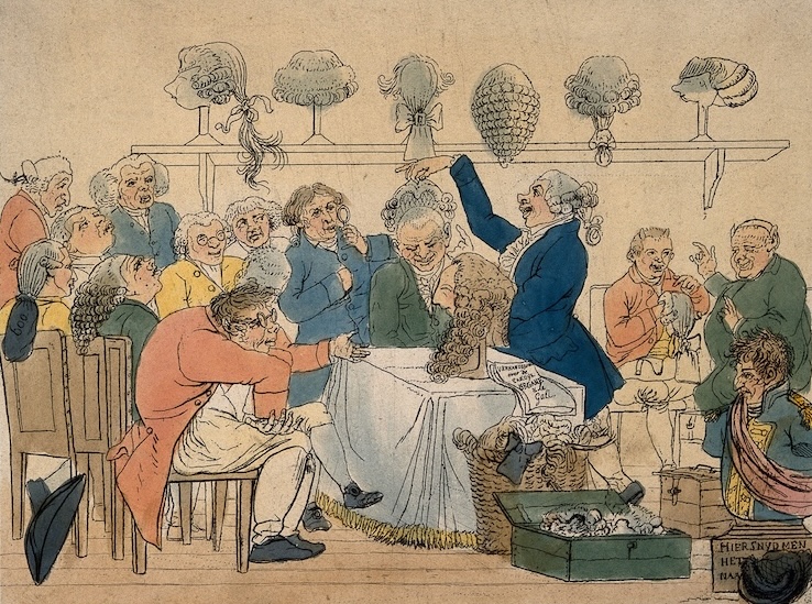 A wigmaker fits wigs in a crowded salon, by J. E. Marcus after J. Smies, c. 1810. Wellcome Collection. Public Domain.