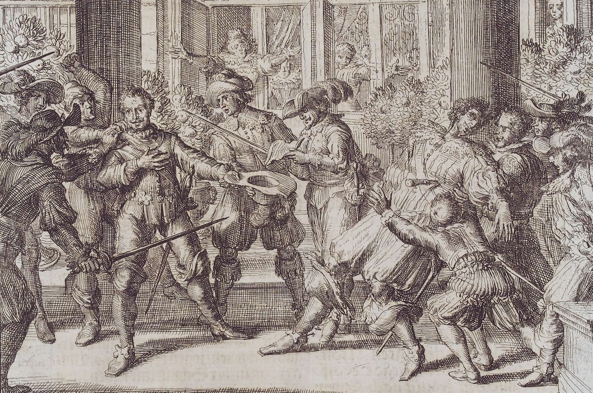 The assassination of George Villiers, the duke of Buckingham, and favourite to King James IV and I, by Romeyn de Hooghe, 1699. Herzog August Library. Public Domain.