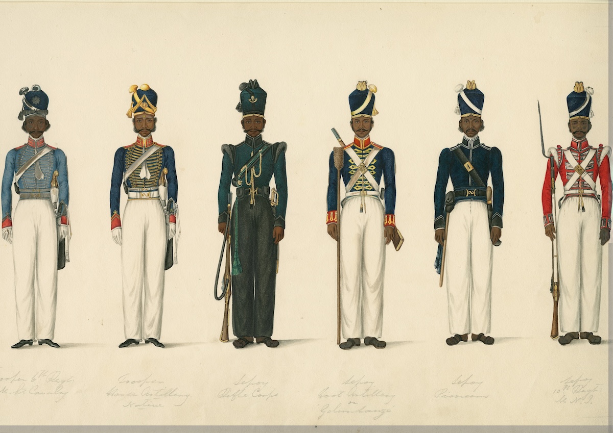 A watercolour of uniforms worn by sepoys of the Madras army of the British East India Company, c. 1825. Prints, Drawings and Watercolors from the Anne S.K. Brown Military Collection. Brown Digital Repository. Brown University Library. Public Domain.