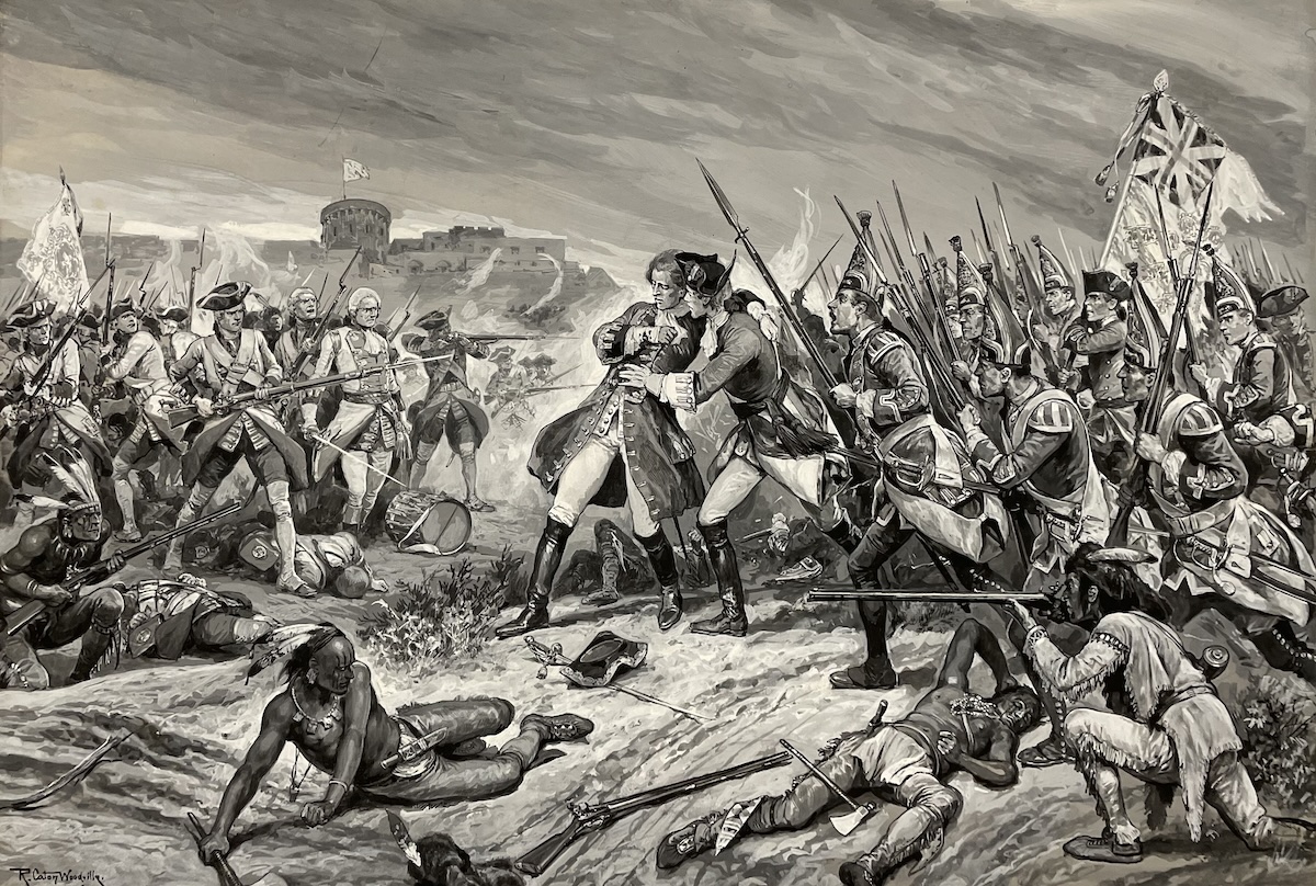 General Wolfe’s fatal wounding at the Battle of the Plains of Abraham, 1759, by Richard Caton Woodville, 1925. Prints, Drawings and Watercolors from the Anne S.K. Brown Military Collection. Brown Digital Repository. Brown University Library. Public Domain