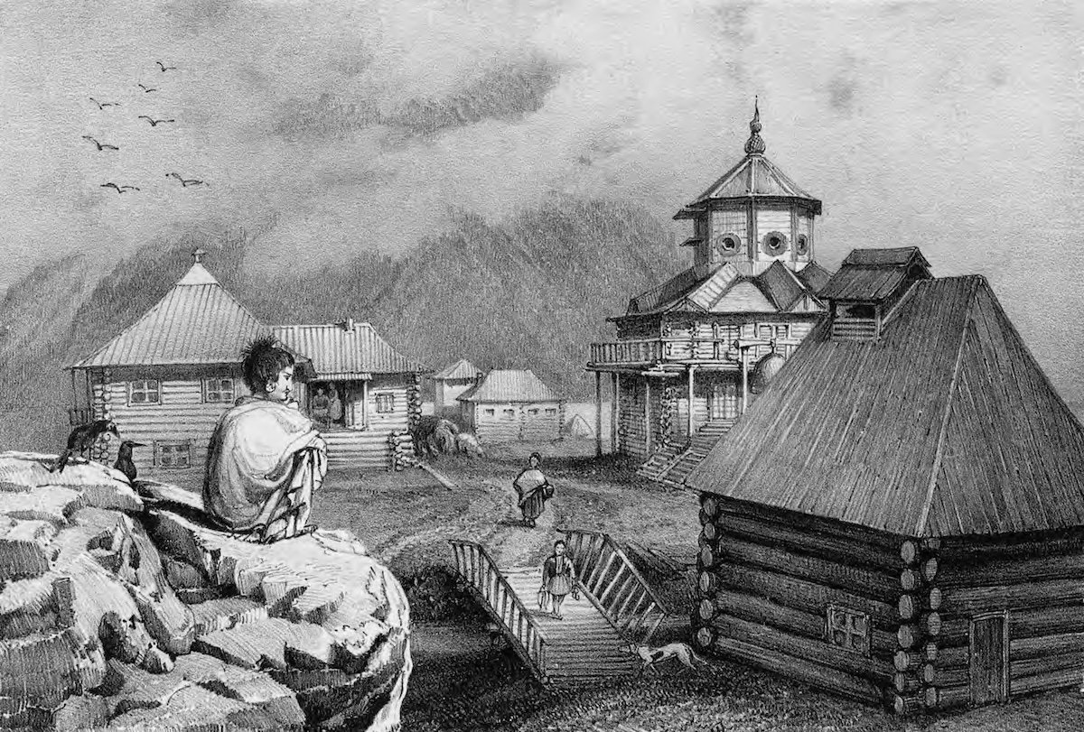 A view of the Russian Colony of Novo-Arkhangel’sk, Sitka Island, Alaska, by Friedrich Heinrich von Kittlitz, 1826. Library of Congress. Public Domain.