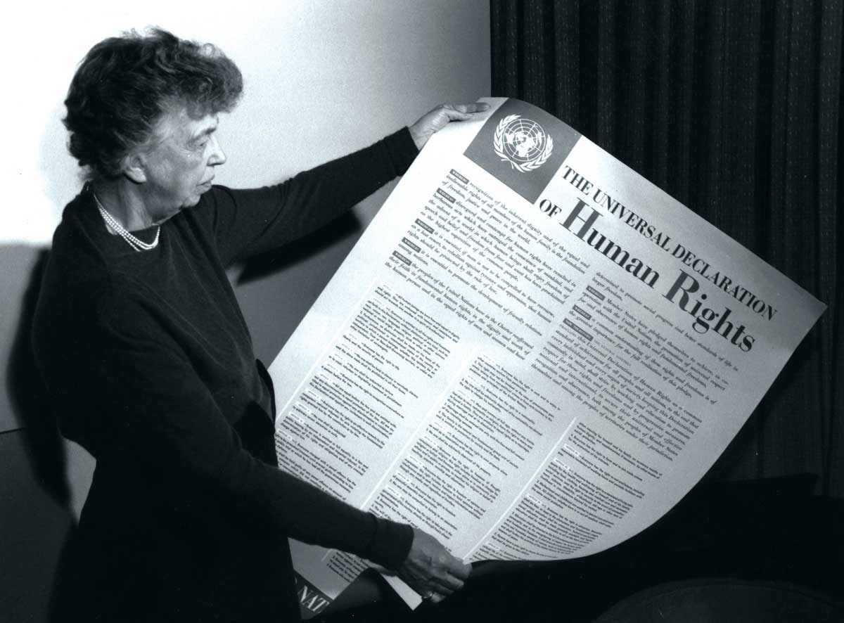 Roosevelt displays a version of the Universal Declaration of Human Rights, 1949. Image courtesy of the FDR Presidential Library & Museum. 